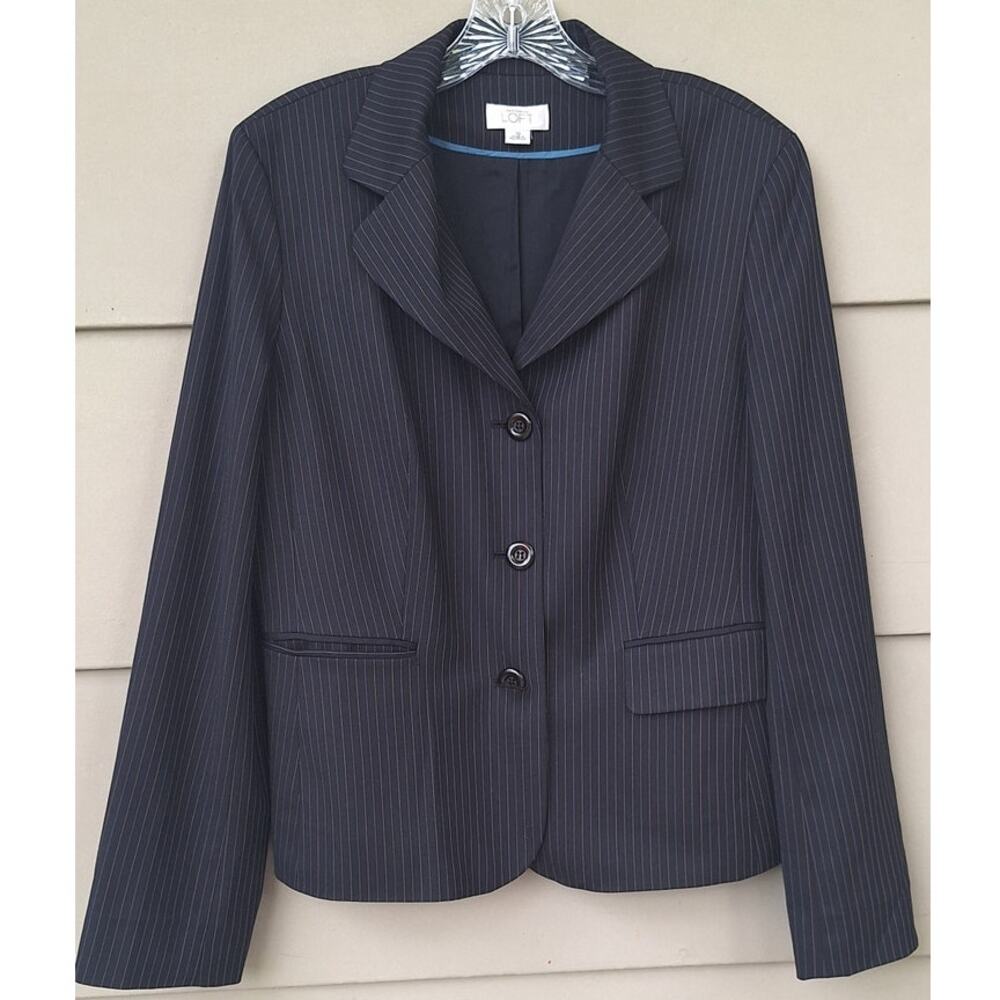 Ann Taylor LOFT Women's Blue Navy Pin Striped Blazer Wool Rayon Size 10 Pockets